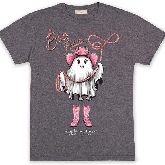 Simply Southern Boo Haw Cowgirl Ghost T-Shirt Dark Heather Gray Soft Size Medium - Picture 1 of 7
